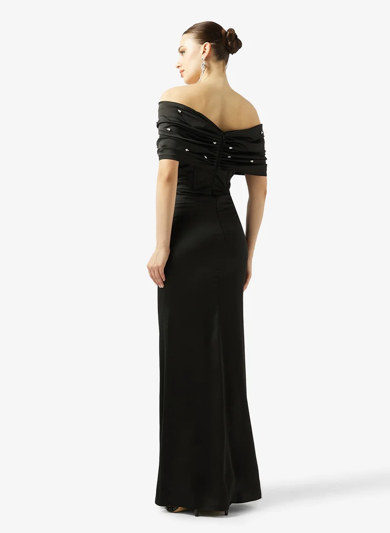 Akadia Fashion EMBELLISHED SHOULDER SATIN DRESS
